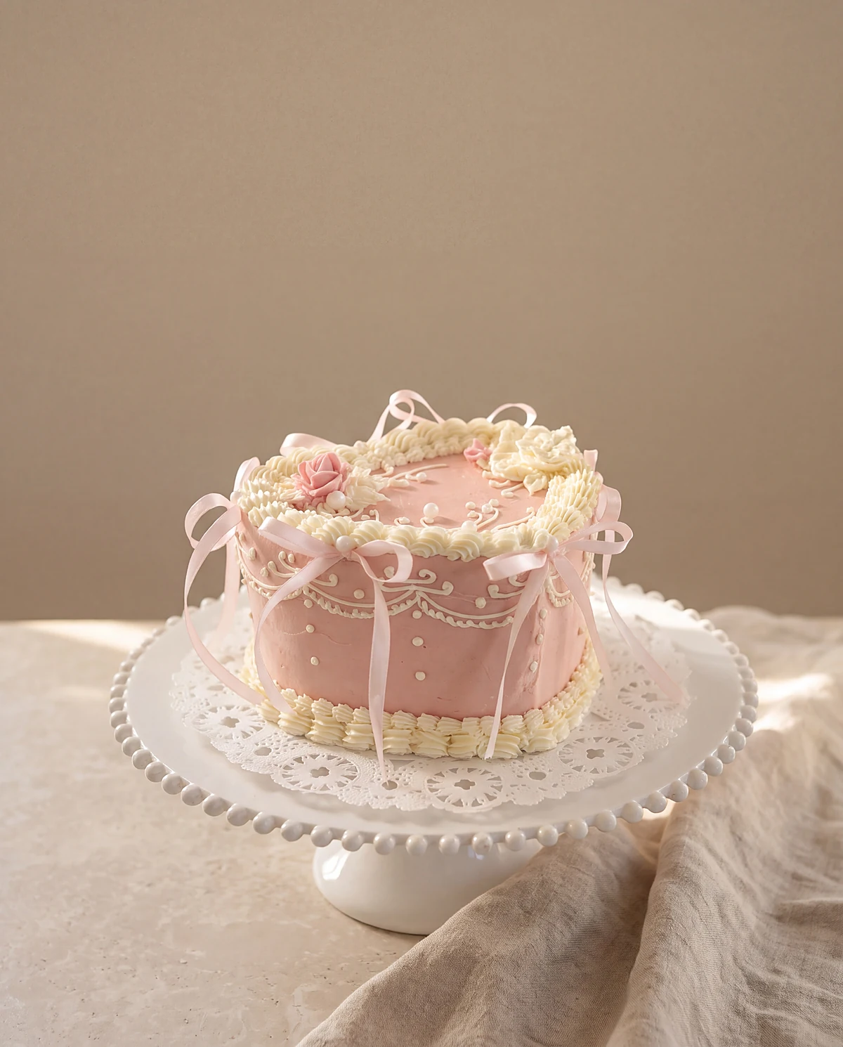 Her pink vintage heart cake with cream piping, a sugar rose and pink ribbons, on a lace doily and a white cake stand in morning light