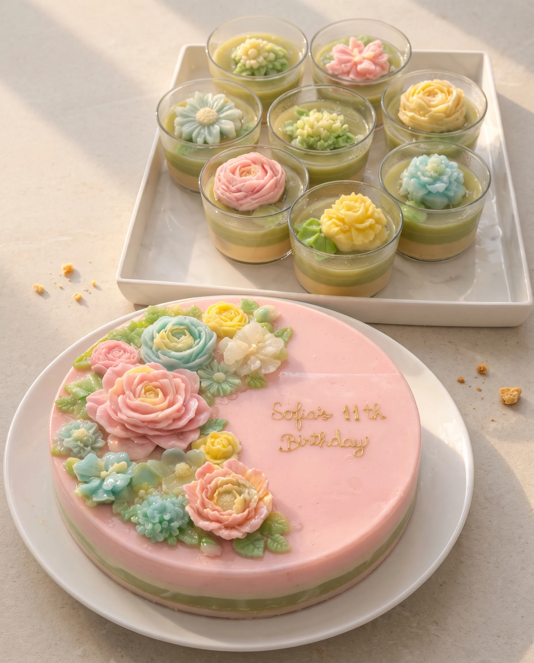 Pink jelly birthday cake with 3D jelly flowers set inside, and a tray of eight jelly flower cups